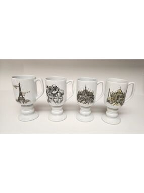 Kaysons International Pedestal Coffee Mugs Lot Of 4 Vtg 1965 Historical Landmark
